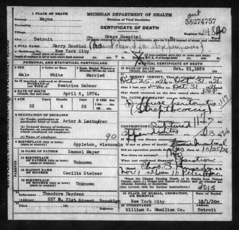 Death Certificate for Harry Houdini, listing place of death as Detroit and cause of death as "diffuse peritonitis, contributory cause ruptured appendicitis."