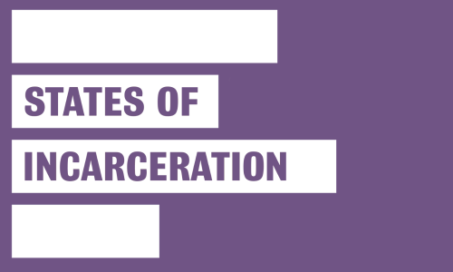 Purple block with four white bars. Text overlaid on white bars reads "States of Incarceration"