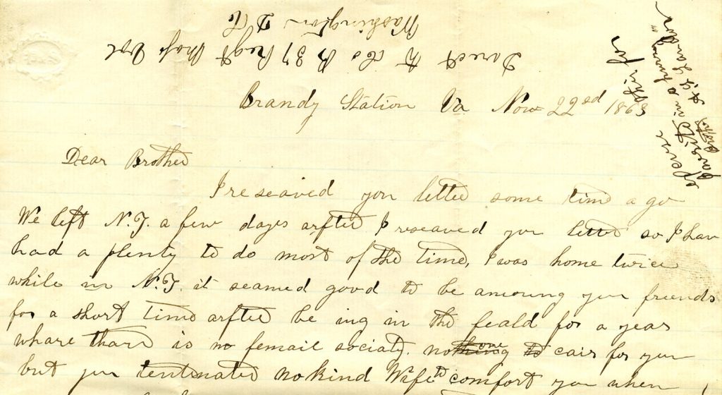 Letter from Asa L. Landon to his brother, dated November 22, 1863. In this letter, he discusses his troop's movement, the joys of visiting with friends, and a small skirmish with Rebel forces at Rappahannock Station (November 7).