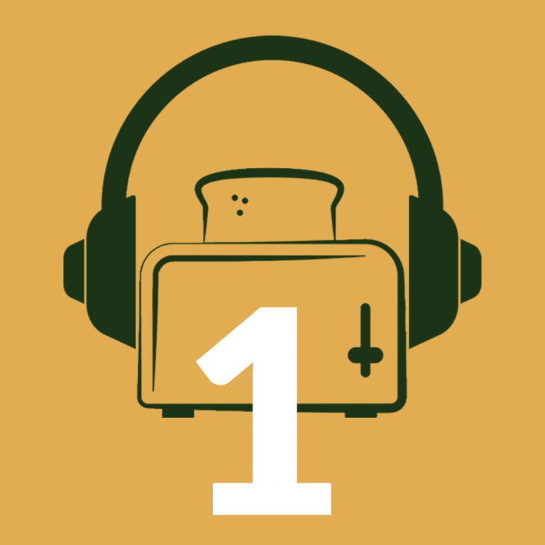 Yellow square with illustration of a toaster wearing headphones. The number 1 is superimposed over the illustration.
