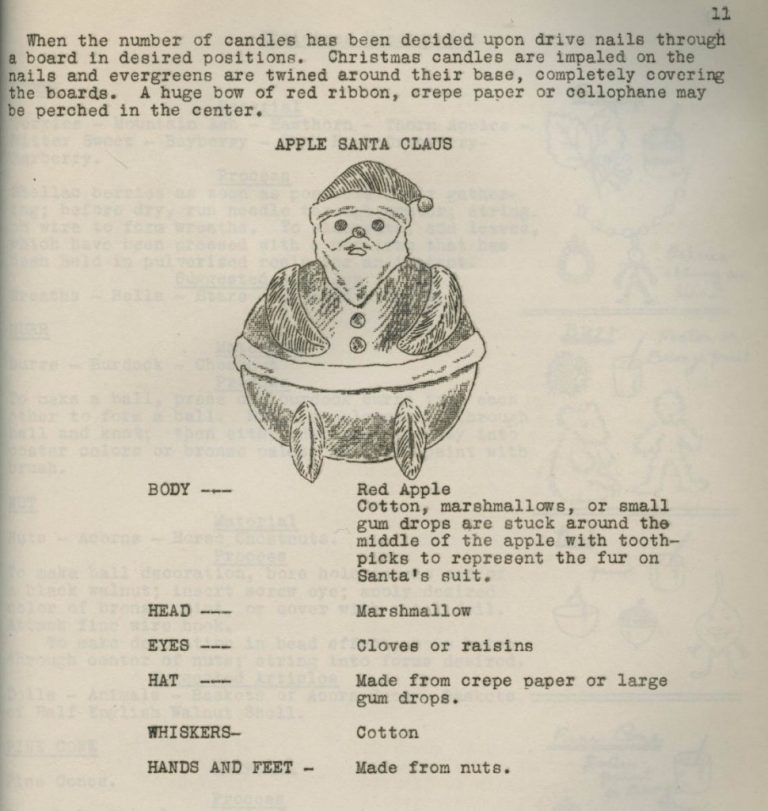 Page from a book featuring an illustration of an apple decorated as Santa Claus.