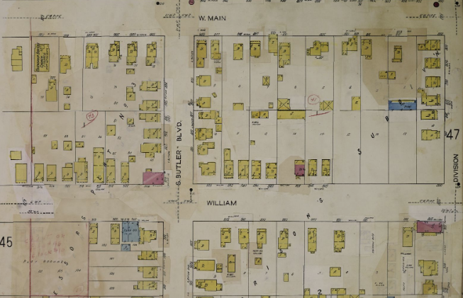 Color map of William Street on a Lansing Sanborn map