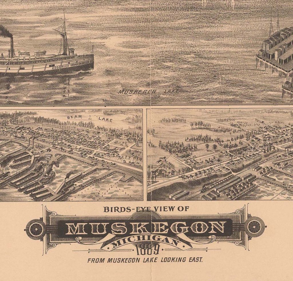 Ilustrated ariel view of the port of Muskegon. Bottom reads