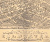 Illustrated aerial view of the city of Coldwater. Bottom reads 