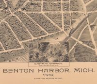 Illustrated aerial view of the city of Benton Harbor. Bottom reads 