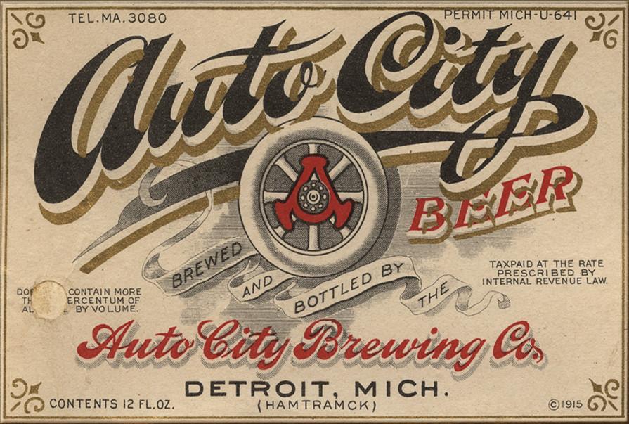 Vintage label for Auto City Beer - decorative font with red accents.