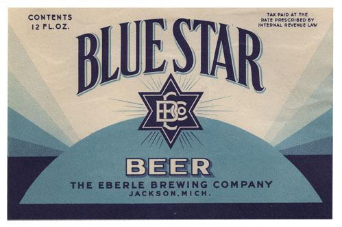 Blue Star Beer Label Print - shades of blue with blue 6-point star in center.